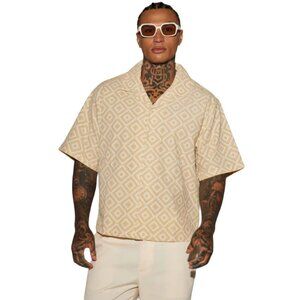 Geometric Button Up Short Sleeve Shirt Cream Men's